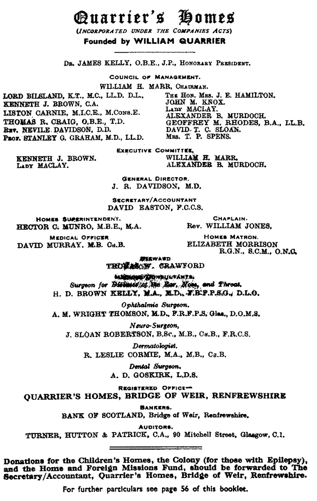 Quarrier's Homes Council of Management, 1961